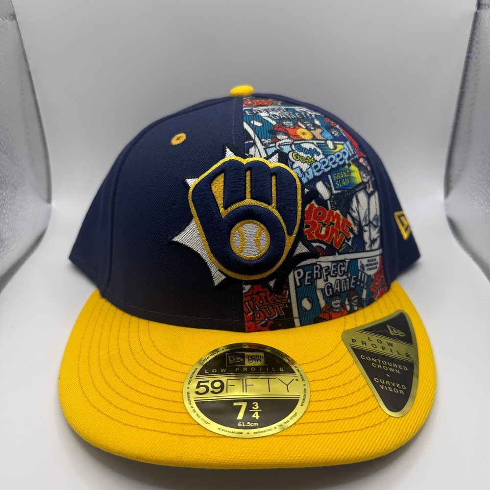 New Era Milwaukee Brewers 59FIFTY Low Profile Comic Hat 7 3/4 Navy Yellow MLB